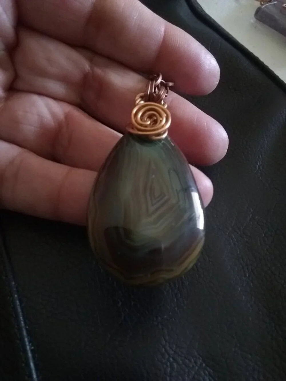 Earthy Muted Browns + Greens! Gorgeous Banded Agate Teardrop Pendant + Chain!